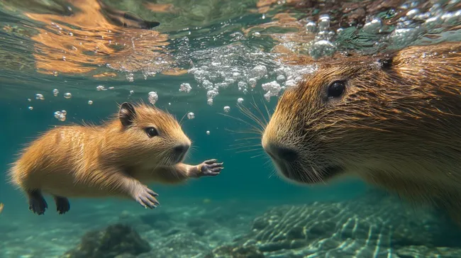 Capybaras spielen im klaren Gewässer