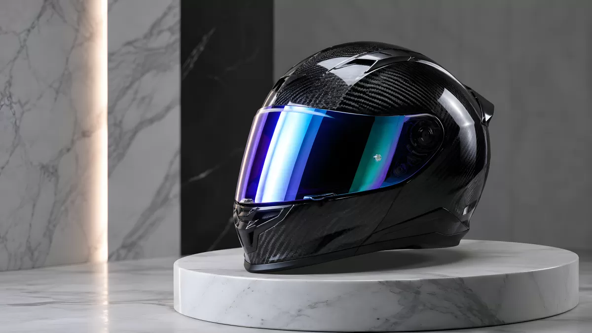 Carbon-Motorradhelm mit blauem Irisierendem Visier