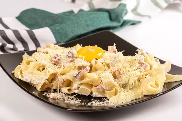 Carbonara pasta- spaghetti with bacon, parmesan and yolk egg