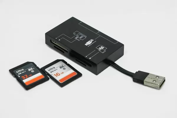 Card reader with two SD cards on white background