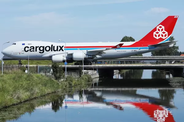 Cargolux jumbo taxiing on the bridge at Amsterdam Airport AMS