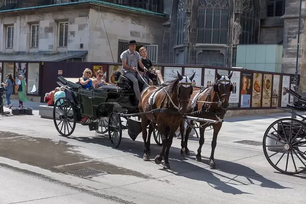 Carriage ride for tourists through Vienna, Austria, with St. Stephen's Cathedral in the background