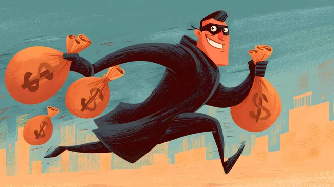 Cartoon-Bankräuber mit Geldsäcken in moderner Stadtkulisse