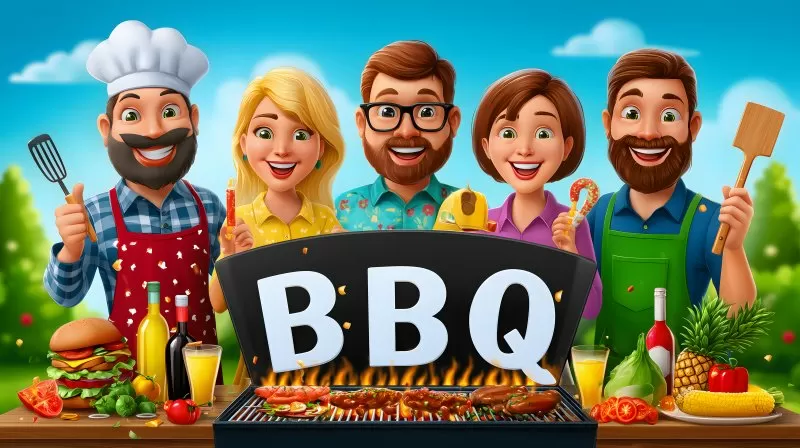 Cartoon BBQ Party with Friends and Grill