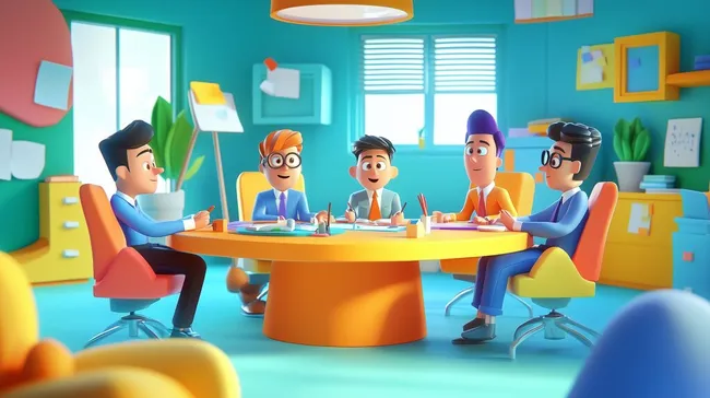 Cartoon-Charaktere bei Teambesprechung in buntem Büroraum