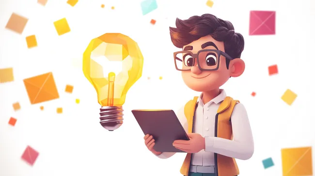 Cartoon-Experte mit Ideen-Glühbirne hält Tablet-PC
