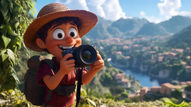 Cartoon-Fotograf in malerischer Berglandschaft