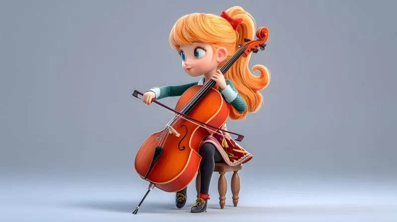 Cartoon Girl Playing Cello 3D Illustration
