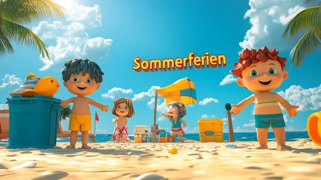 Cartoon-Kinder genießen Sommerferien am Strand