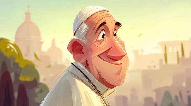 Cartoon-Papst bei Sonnenuntergang vor Kirche