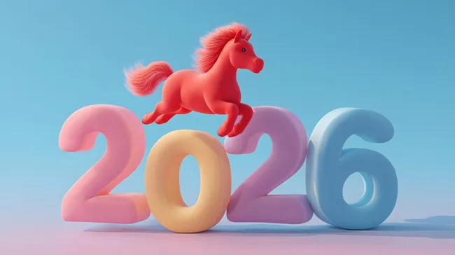 Cartoon-Pferd springt über Jahreszahl 2026 in 3D-Optik