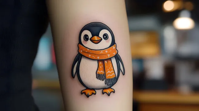 Cartoon-Pinguin mit orangem Schal auf Arm-Tattoo