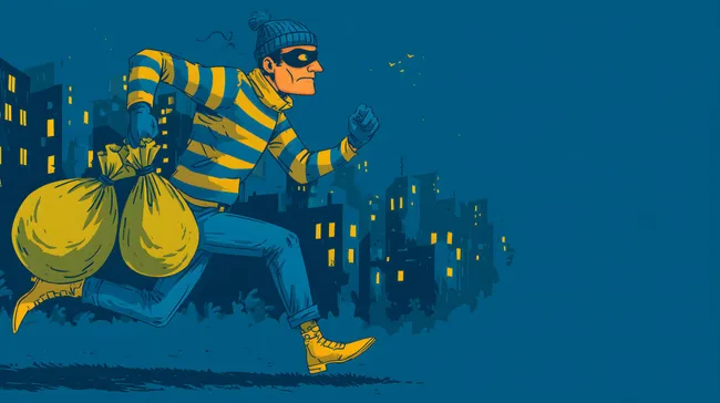 Cartoon-Räuber mit gefüllten Geldsäcken in der Nacht