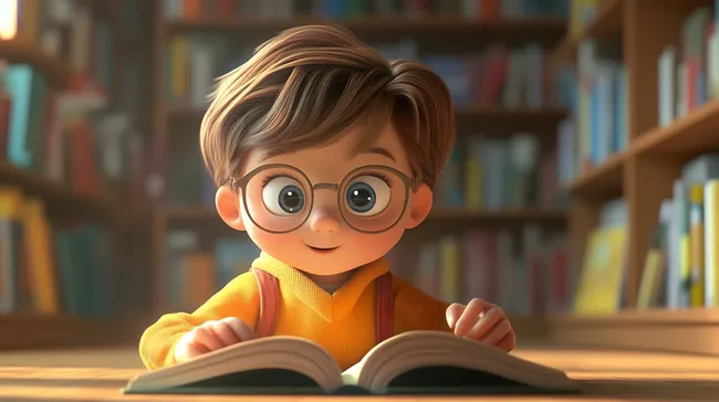 Cartoon-Schüler liest Buch in Bibliothek