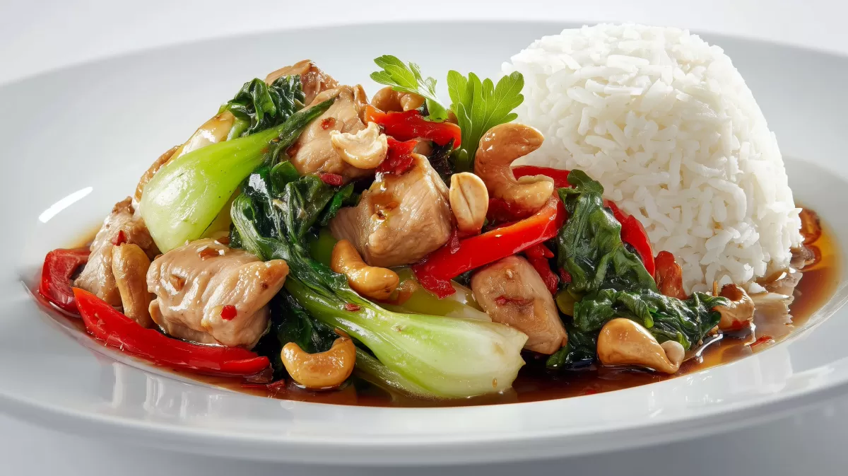 Cashew Hähnchen mit Pak Choi und Reis
