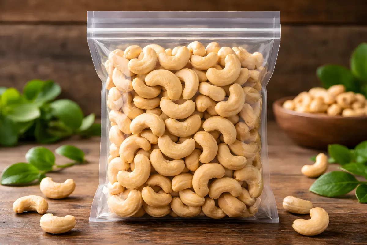 Cashewkerne in transparenter Zip-Beutel auf Holztisch