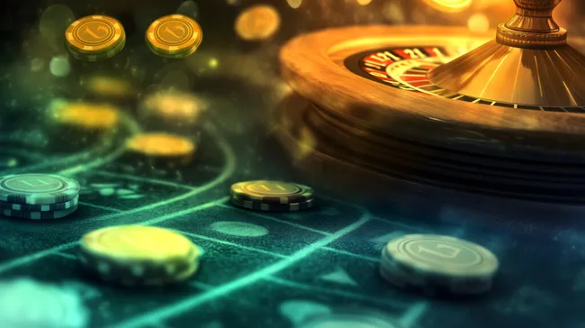 Casino-Roulette mit schwebenden Goldmünzen und mystischer Beleuchtung