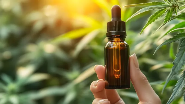 CBD-Ölflasche in Hand vor Hanf-Blättern
