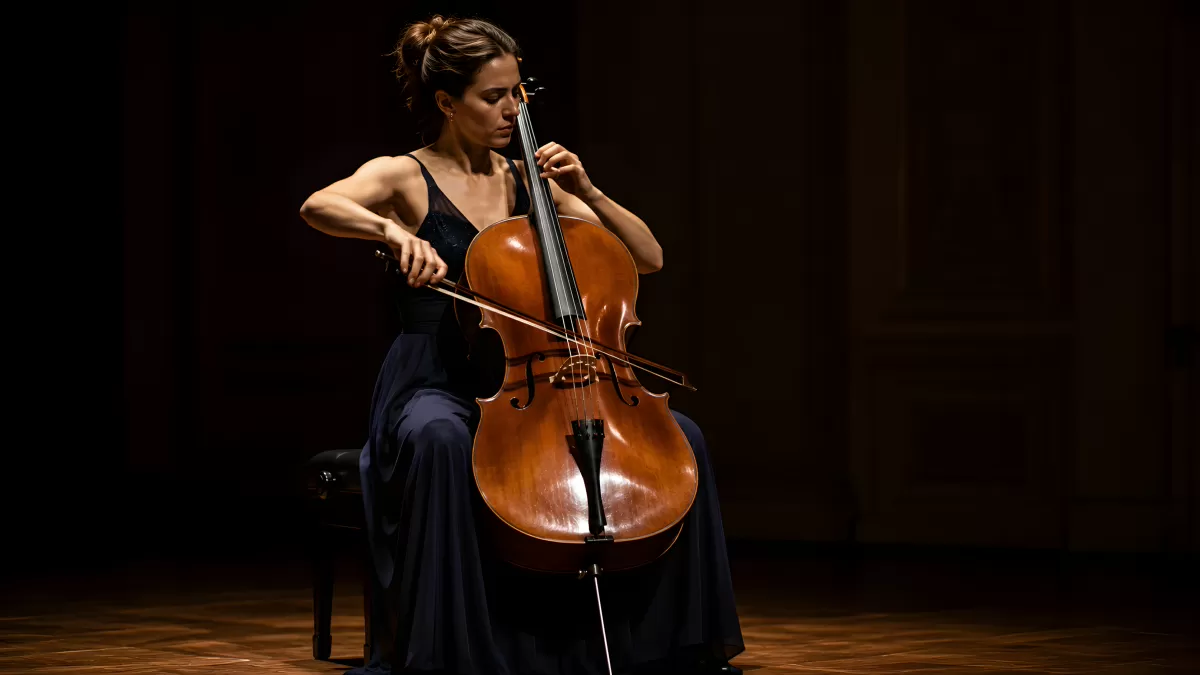 Cellistin spielt konzentriert auf dunkler Bühne