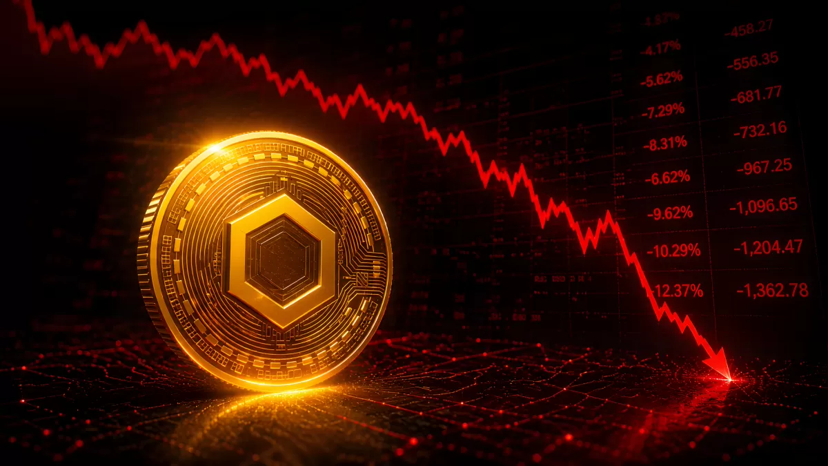 Chainlink-Münze vor rotem Kursverlauf-Diagramm