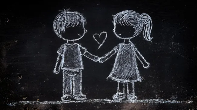 Chalk drawing of two children holding hands with heart
