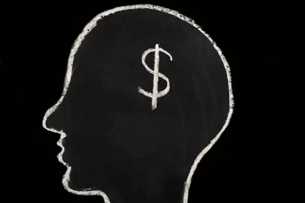 Chalk-drawn head of a man and a dollar sign, the concept of thoughts about earning money, business, achieving a goal