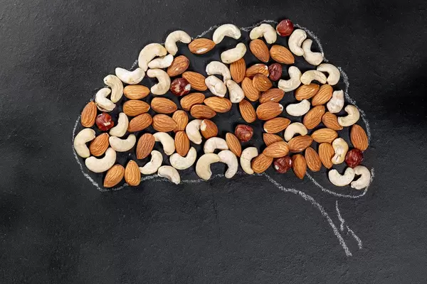 Chalked brain on a blackboard with different nuts. The concept of creativity, nutrition for the brain