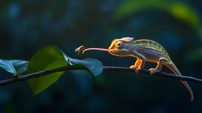 Chameleon Catches Fly with Long Tongue