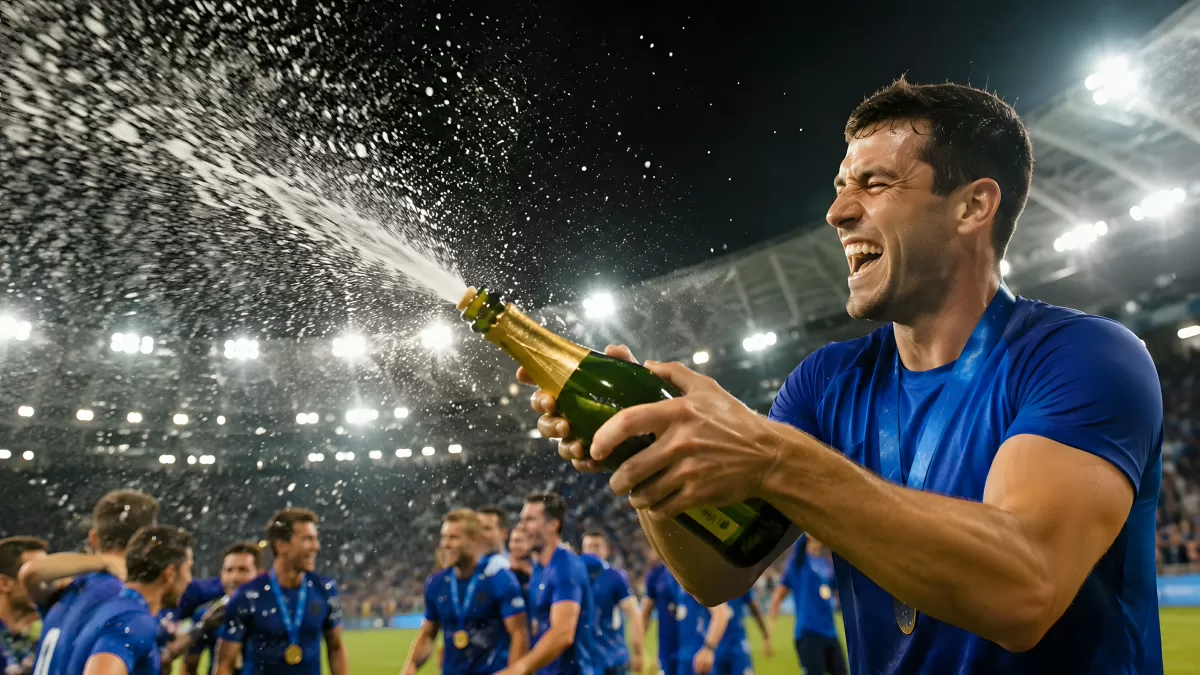 Champagner-Jubel: Fußballprofi feiert im Stadion