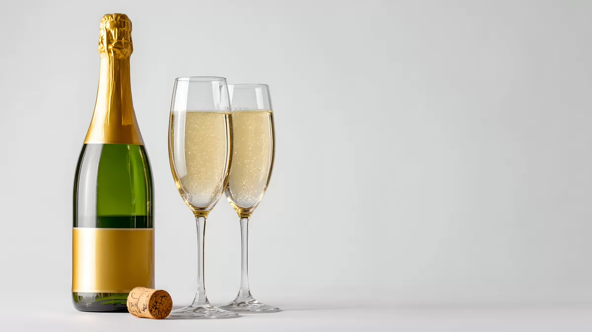 Champagnerflasche und Gläser auf weißem Hintergrund