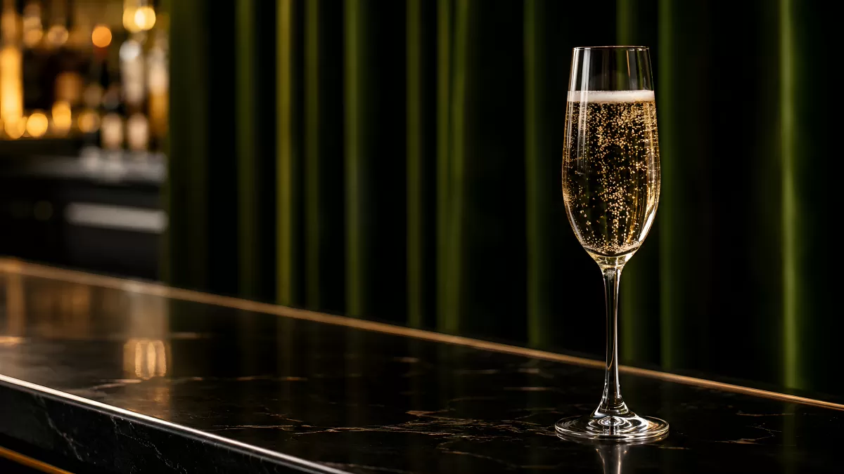 Champagnerflöte auf schwarzer Marmorbar im Abendlicht