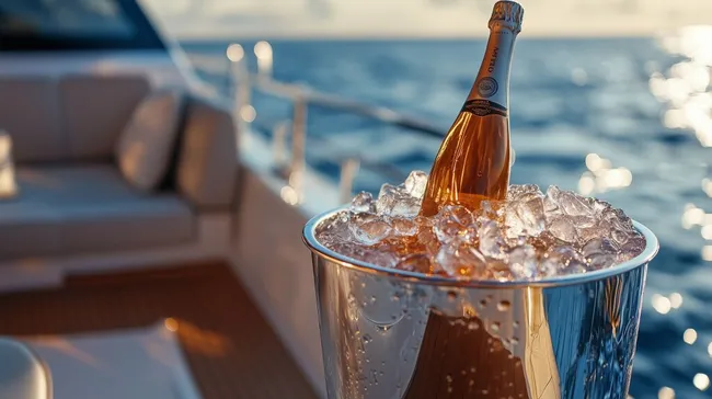 Champagnerglas auf Luxus-Yacht bei Sonnenuntergang