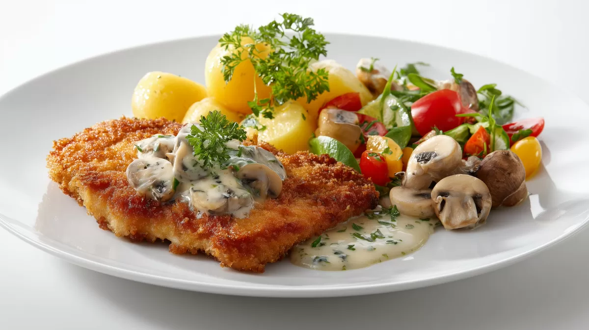 Champignon Gorgonzola Schnitzel mit Kartoffeln und Salat