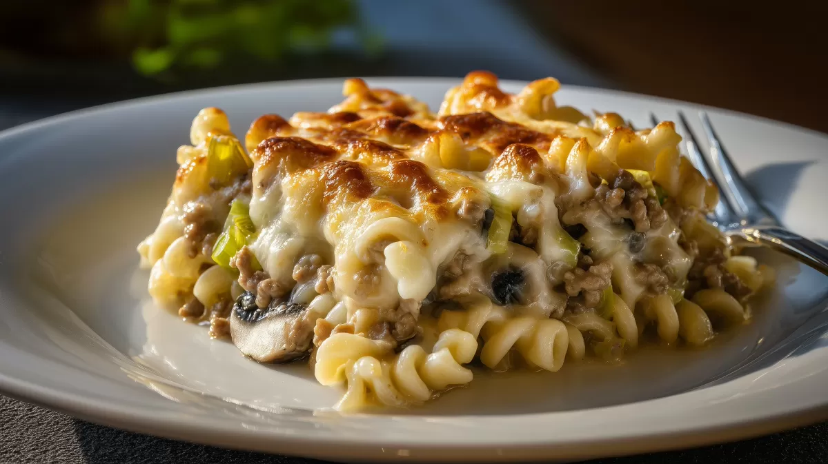 Champignon Nudel Auflauf mit Lauch und Käsekruste