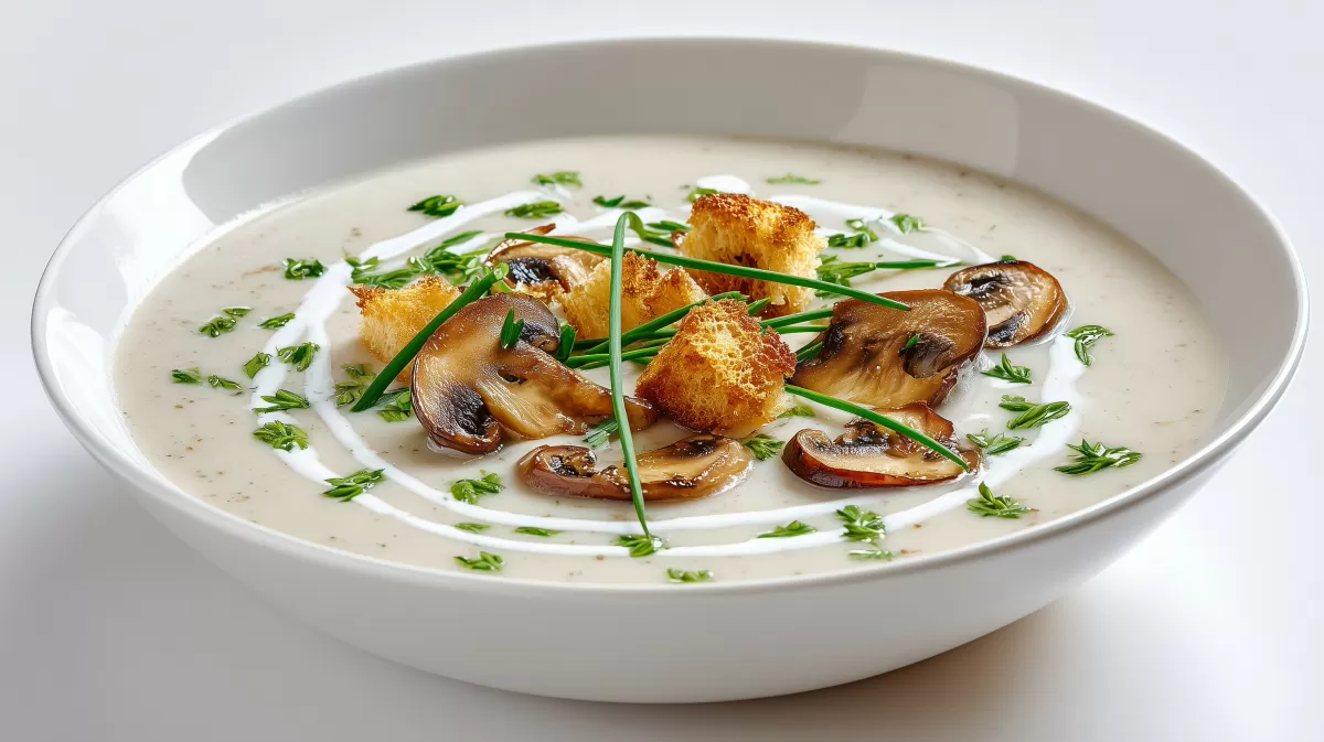 Champignoncremesuppe mit Croûtons und Schnittlauch