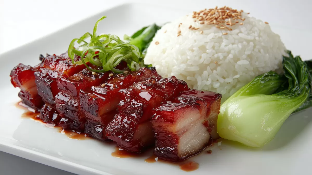 Char Siu Schweinebauch mit Reis und Pak Choi