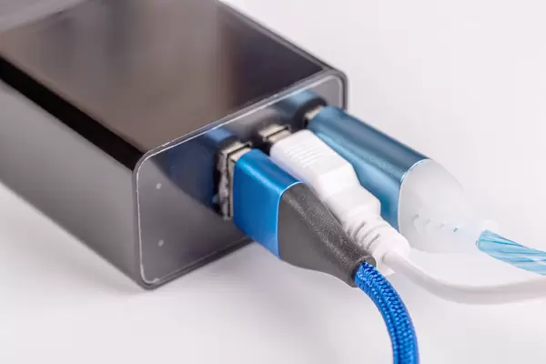 Charger and plugs with cables, close-up