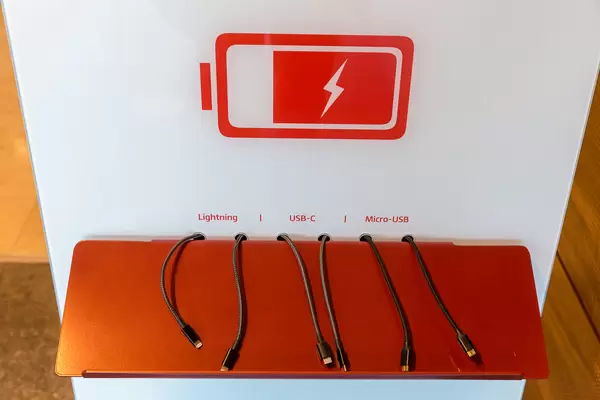 Charging station for mobile phones and other mobile devices with different charging cables at BER airport