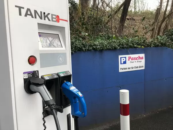 Charging station for three electric autos at the parking of the Pascha club in Cologne, Germany