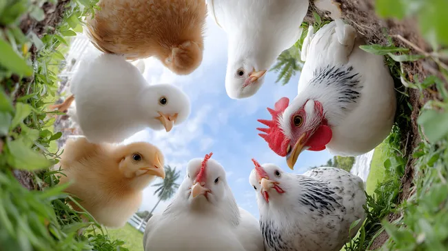 Charmante Hühnergruppe in grüner Naturidylle