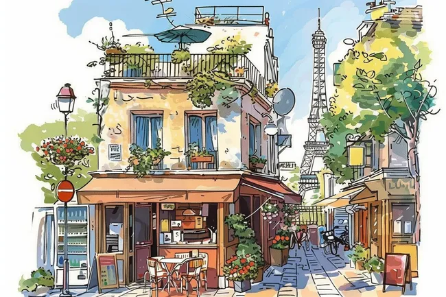 Charmante Pariser Straßenszene mit Café und Eiffelturm