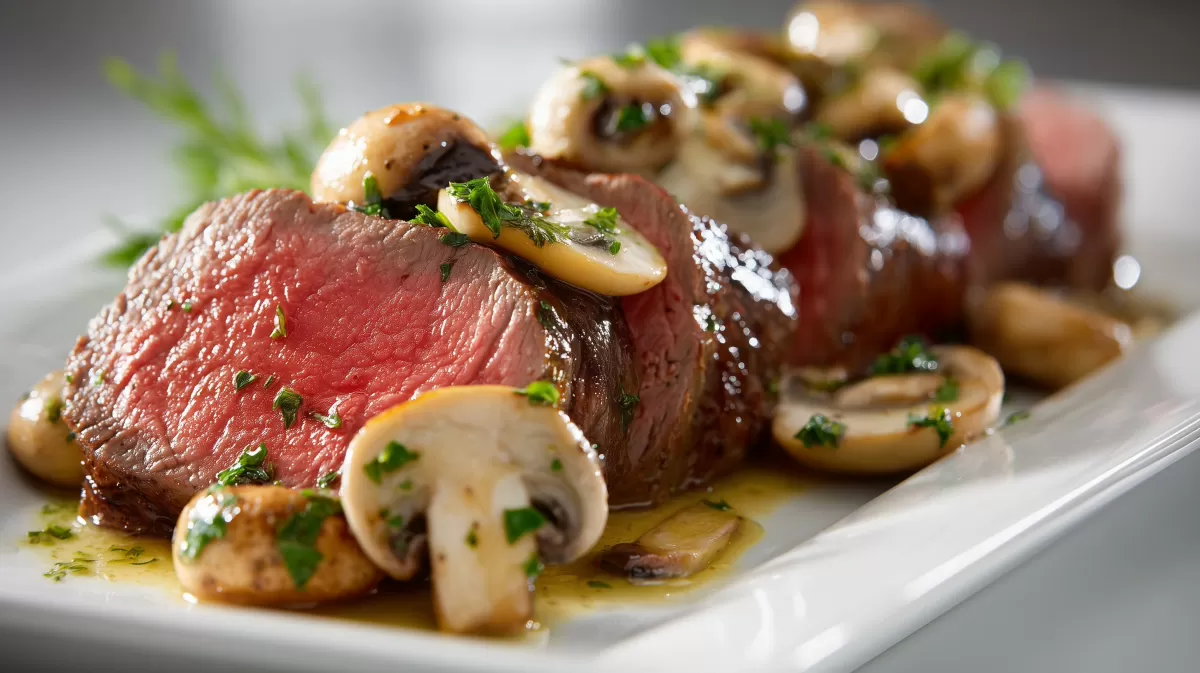 Chateaubriand mit Champignons in Butter auf Teller