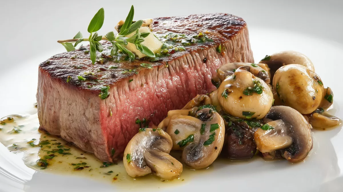 Chateaubriand mit gebratenen Champignons auf Teller
