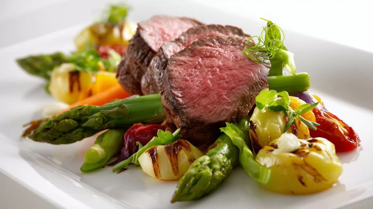Chateaubriand mit Spargel Gemüse auf weißem Teller