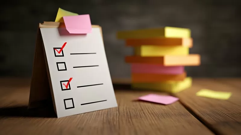 Checkliste mit Häkchen und Klebezetteln auf Schreibtisch