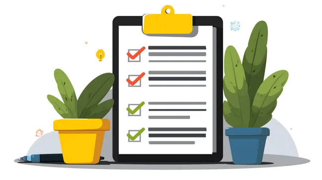 Checkliste und Zimmerpflanzen auf Arbeitstisch