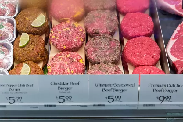 Cheddar Beef Burger and Ultimate Seasoned Beef Burger patties at multinational supermarket chain Whole Foods Market