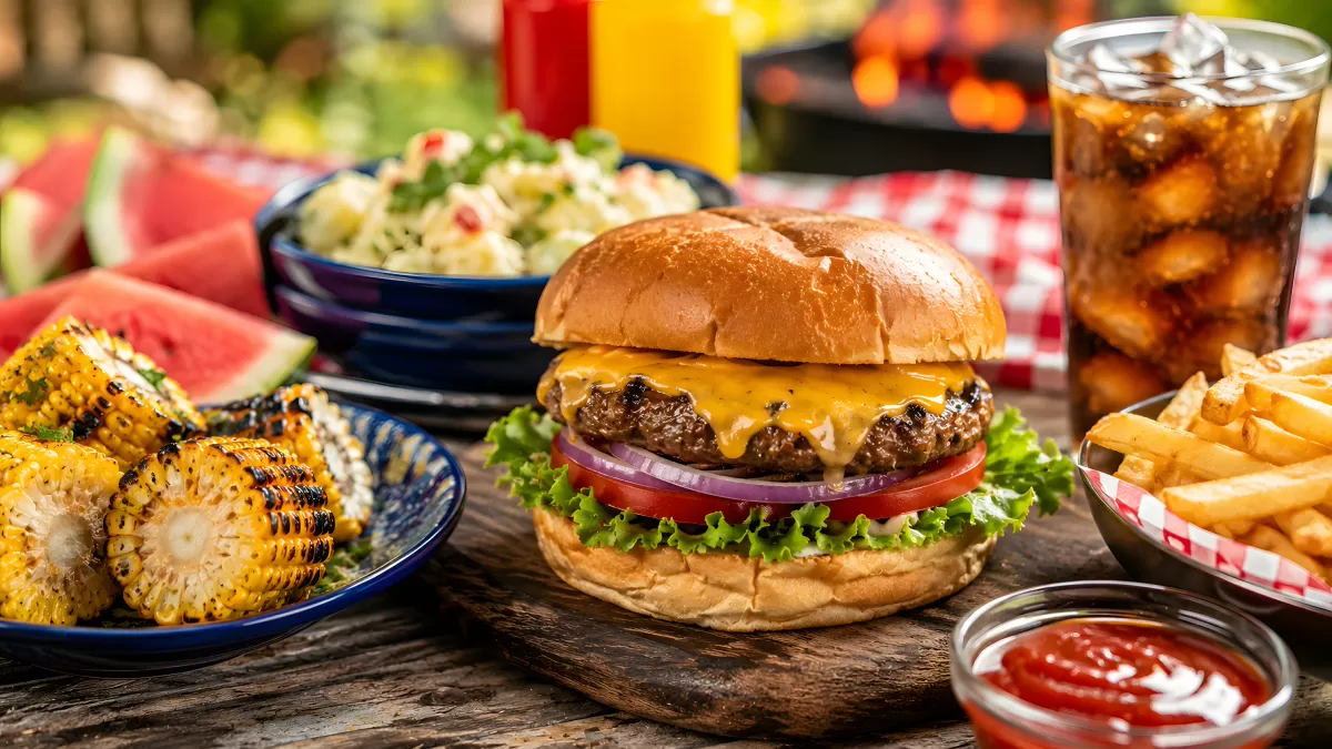 Cheeseburger mit Grillbeilagen beim Sommergrillabend