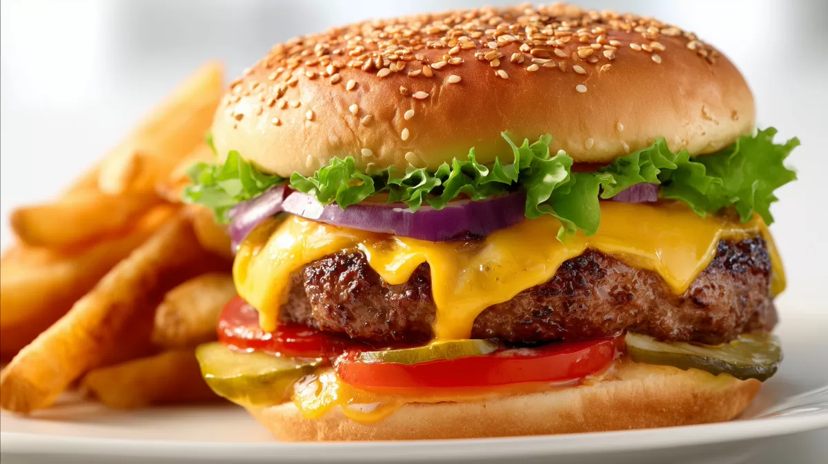 Cheeseburger mit Pommes frites auf weißem Teller