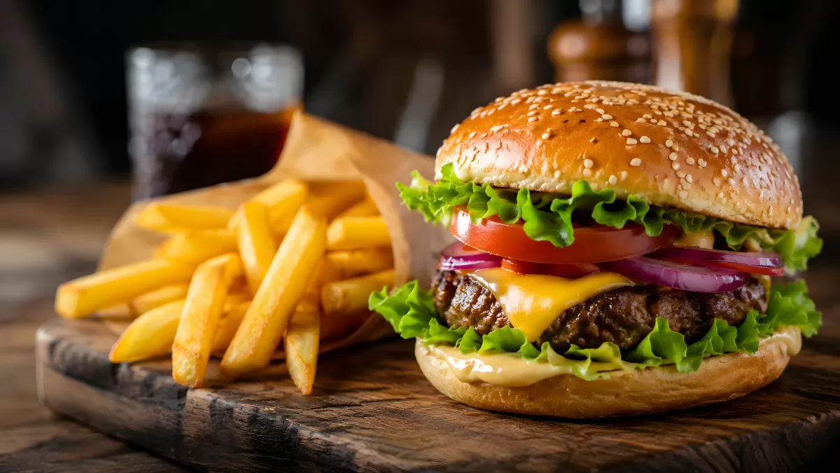 Cheeseburger mit Pommes und Cola auf Holzbrett